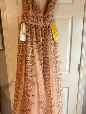 Bronx and Banco Blush Pink Floral Appliqué Tulle Maxi Skirt